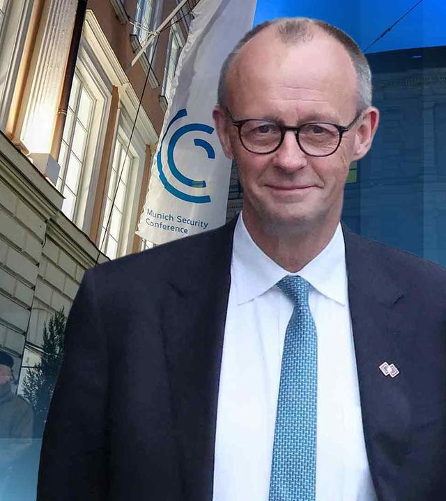 Ein Bild von Merz vor einem Bild von Sicherheitspersonal bei der Münchner Sicherheitskonferenz im Bayerischen Hof