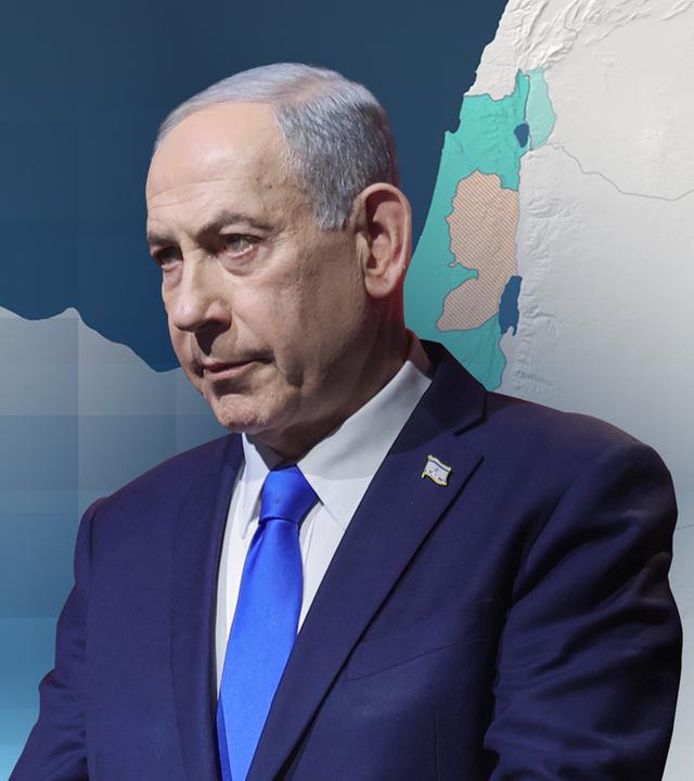 Benjamin Netanjahu einer Karte des Westjordanlands