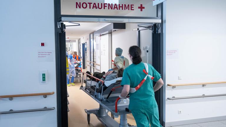 Freiwillige Pflegekräfte und Ärzteteams behandeln einen Verunglückten an der Rostocker Universitätsmedizin bei einem simulierten Unglück am 05.04.2025.