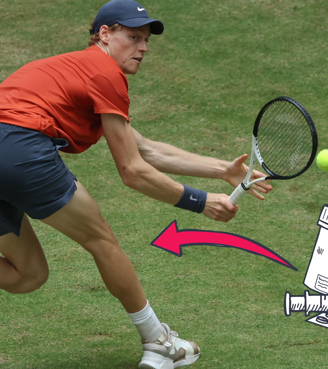 Sinner spielt Tennis, Grafik von Medikamenten, Pfeil und Fragezeichen