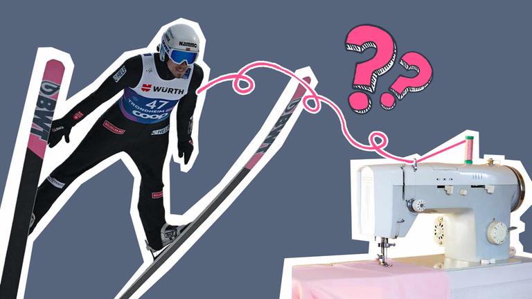 Skispringer auf der linken Seite, rechts ist eine Nähmaschine aus der ein pinker Faden kommt, der zum Skispringer verläuft, darüber zwei pinke Fragezeichen