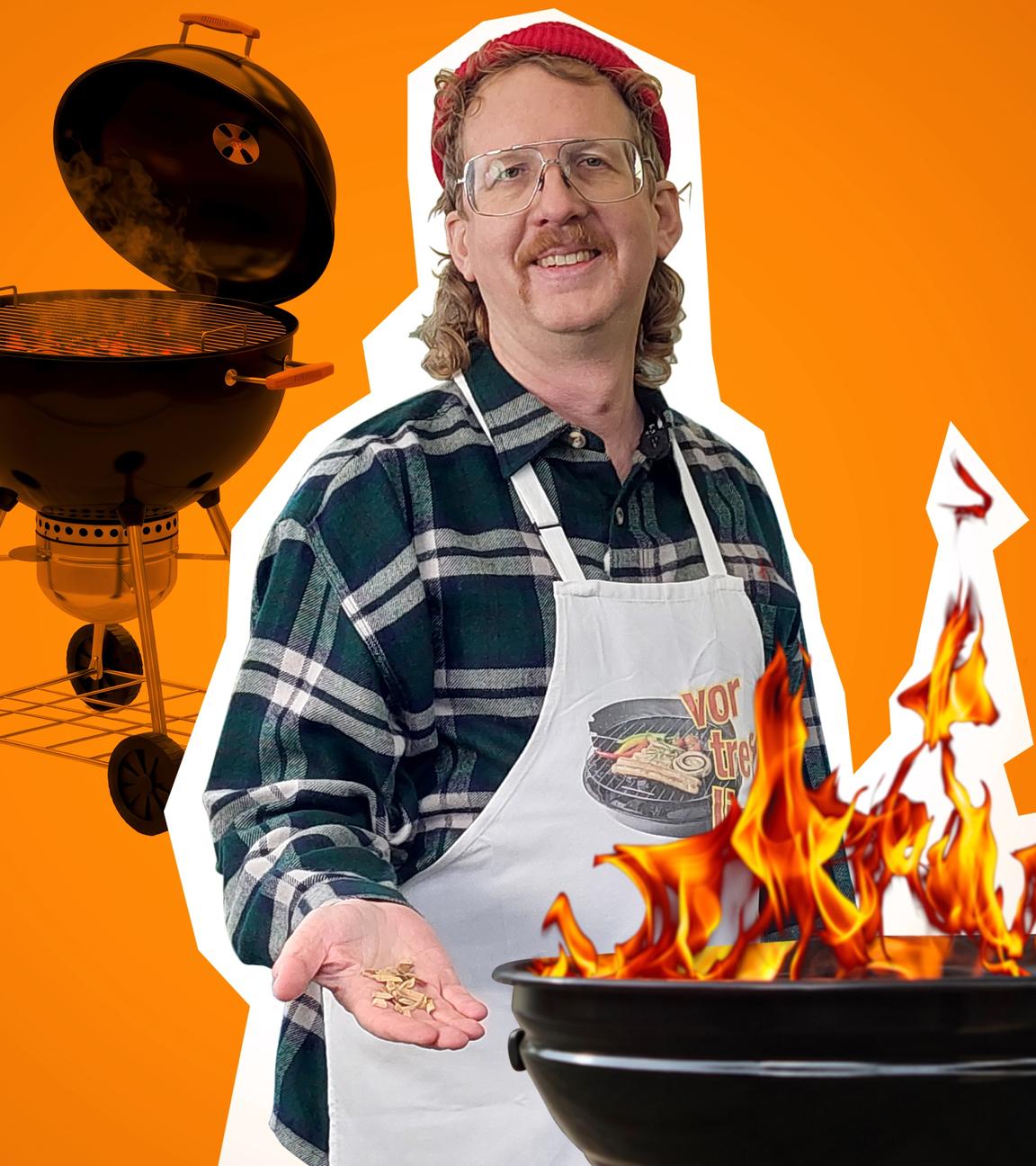 Montage: Uke Bosse steht an einem Grill und hält Geld in der Hand und schaut in die Kamera.