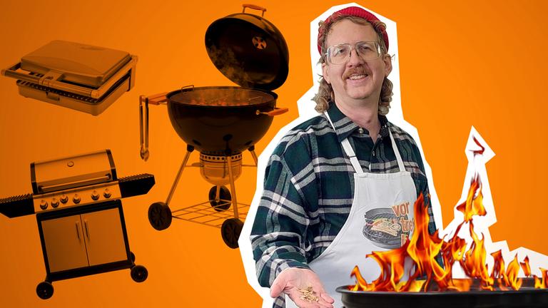 Montage: Uke Bosse steht an einem Grill und hält Geld in der Hand und schaut in die Kamera.