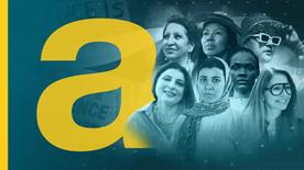 Foto retrato de 7 mujeres con el lema: No más víctimas - La lucha de las mujeres en el mundo