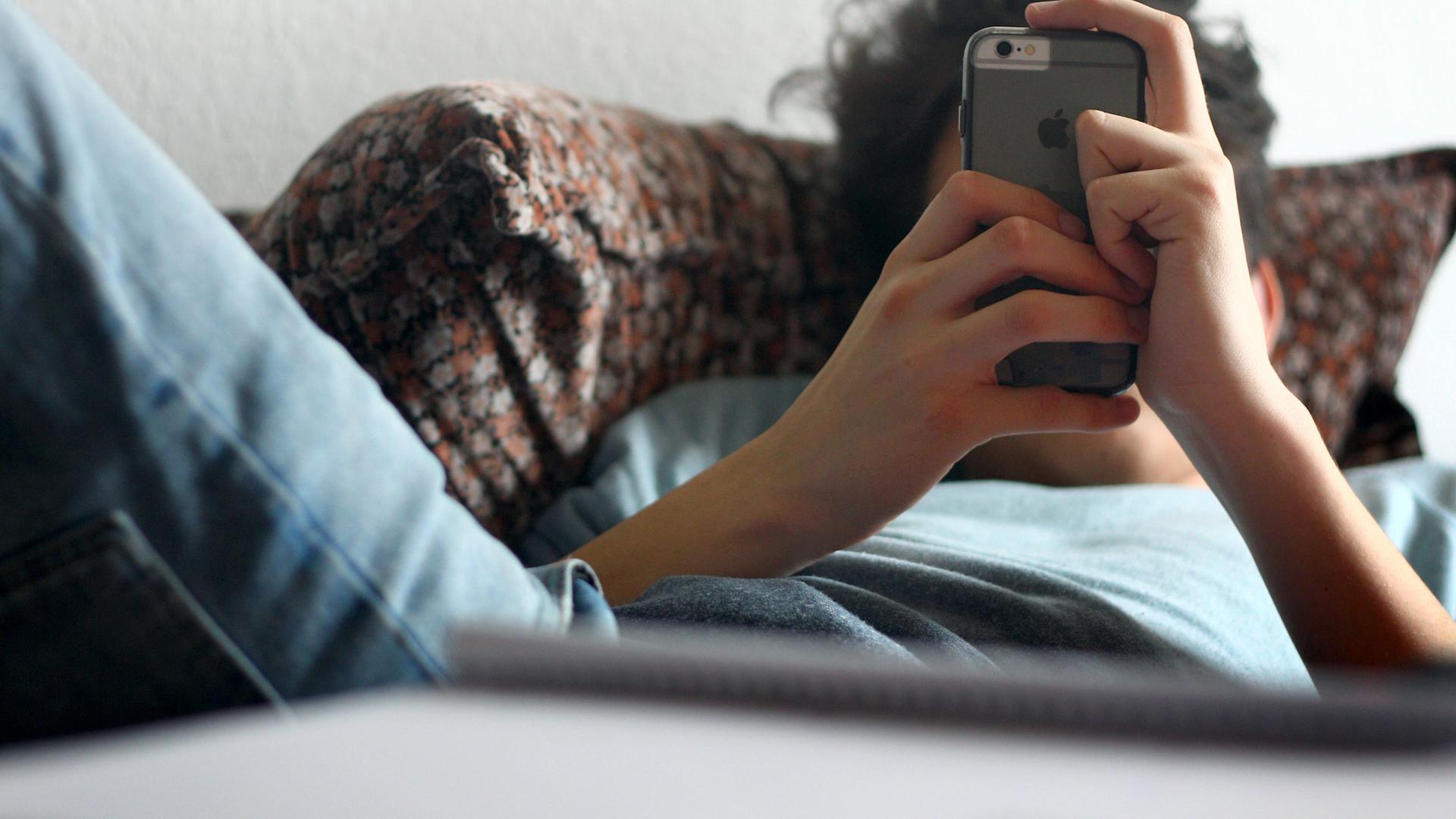 Archiv: Ein junger Mann mit seinem Smartphone vor der Couch