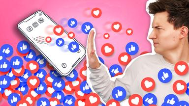 Auf Tim fliegen ganz viele Likes aus einem gezeichneten Handy zu, er hebt abwehrend die Hand.