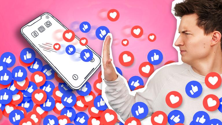 Auf Tim fliegen ganz viele Likes aus einem gezeichneten Handy zu, er hebt abwehrend die Hand.