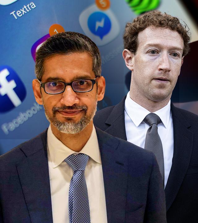 Google- und Meta-Chefs vor einem Smartphone