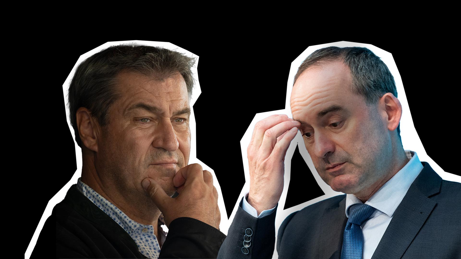 Markus Söder und Hubert Aiwanger vor dunklem Hintergrund