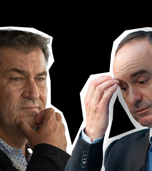 Markus Söder und Hubert Aiwanger vor dunklem Hintergrund