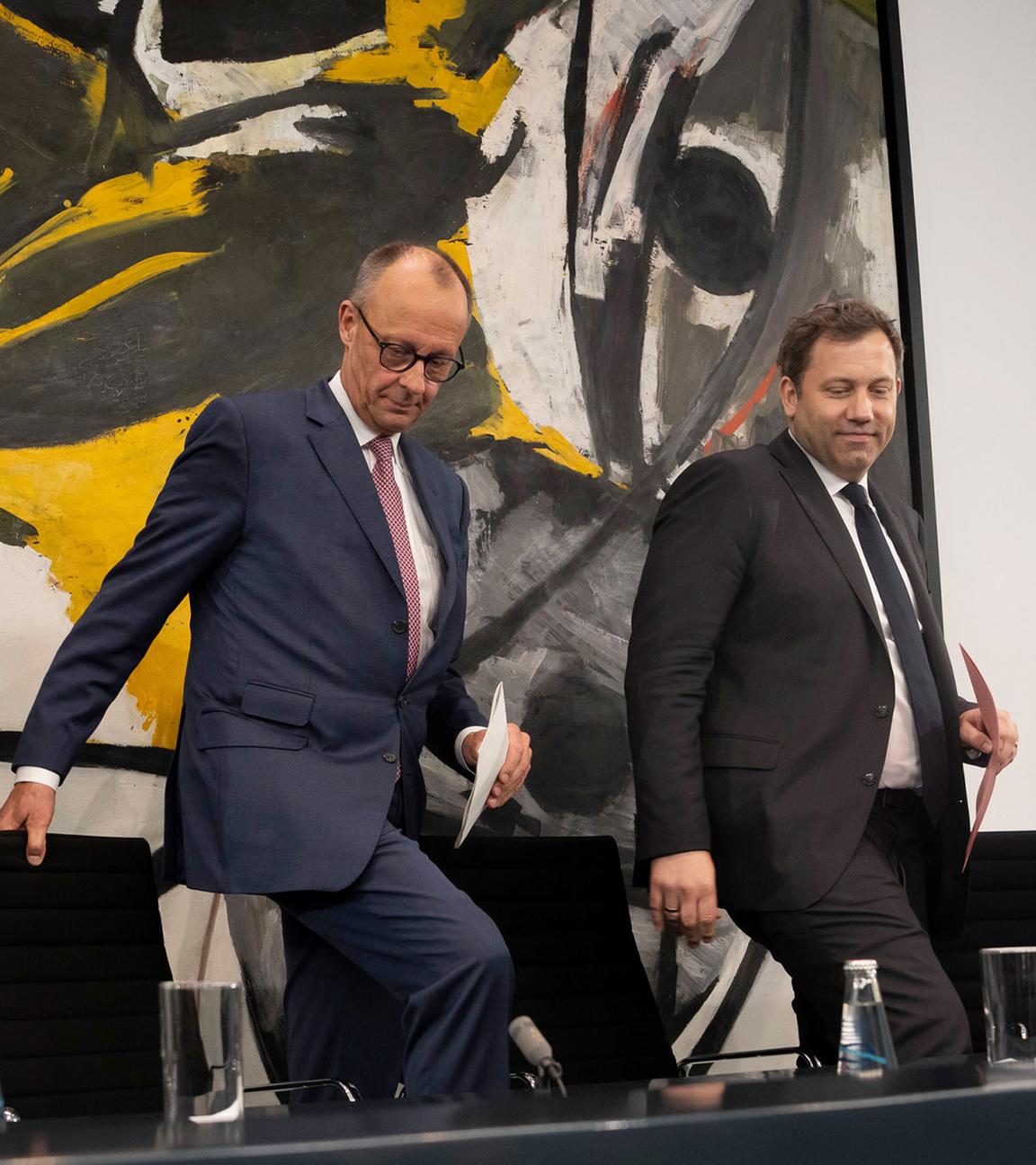 Markus Soeder, Friedrich Merz, Lars Klingbeil und bei der Pressekonferenz nach der ersten Sitzung des Koalitionsausschusses von Union und SPD im Kanzleramt. Berlin, 28.05.2025
