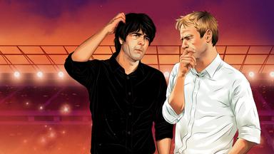 Eine Zeichnung von Jürgen Klinsmann und Jogi Löw, die grübelnd aussehen.