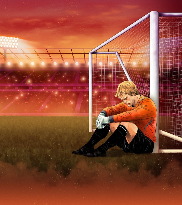 Zeichnung von Oliver Kahn, der innerhalb eines Stadions niedergeschlagen vor einem Fußball-Tor sitzt.