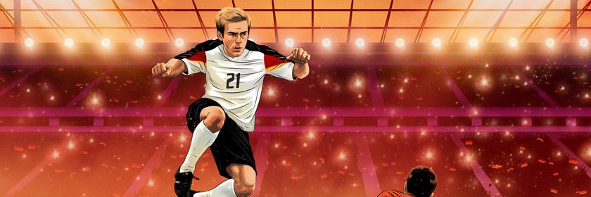 Zeichnung einer Szene im Fußballstadion. Ein Fußballer im weißen Trikot der deutschen Nationalmannschaft ist am Ball und springt über einen flankenden Fußballer im roten Trikot.