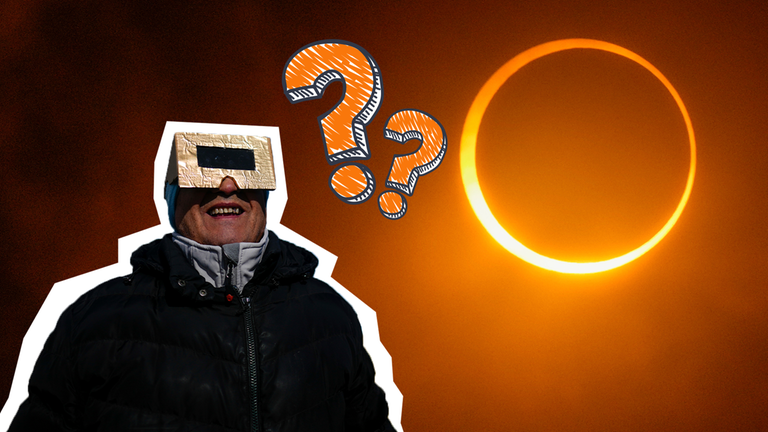 Ein Mann schaut mit spezieller Brille nach oben, daneben ist die ringförmige Sonnenfinsternis und zwei Fragezeichen zu sehen