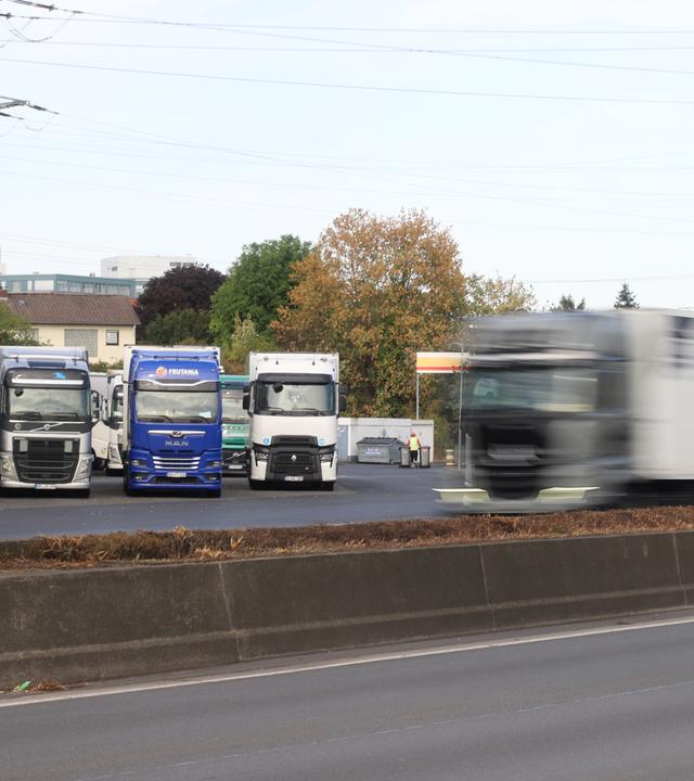 Nordrhein-Westfalen, Köln: Ein Lastwagen fährt auf der Autobahn 59 an einem Rastplatz mit zahlreichen parkenden Lkw vorbei.