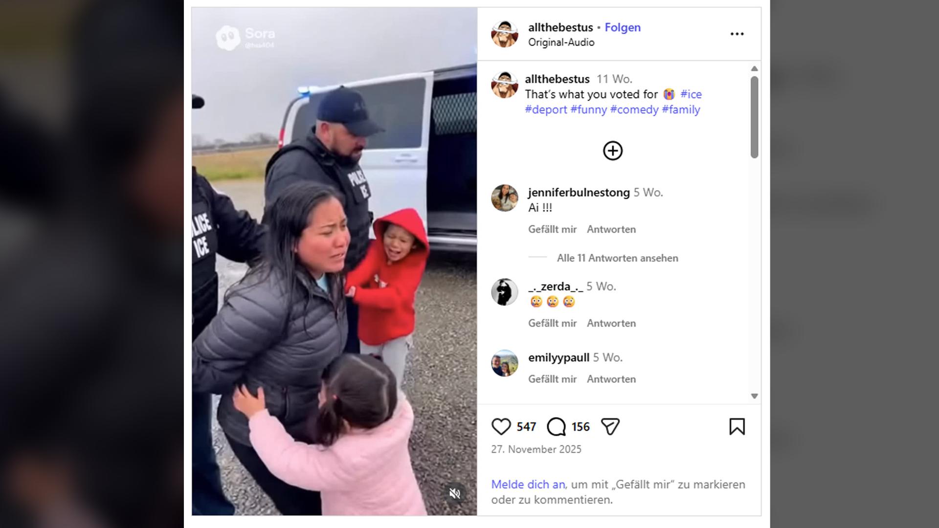 Instagram-Post vom 27. November 2025 mit KI-generiertem Video von Sora.