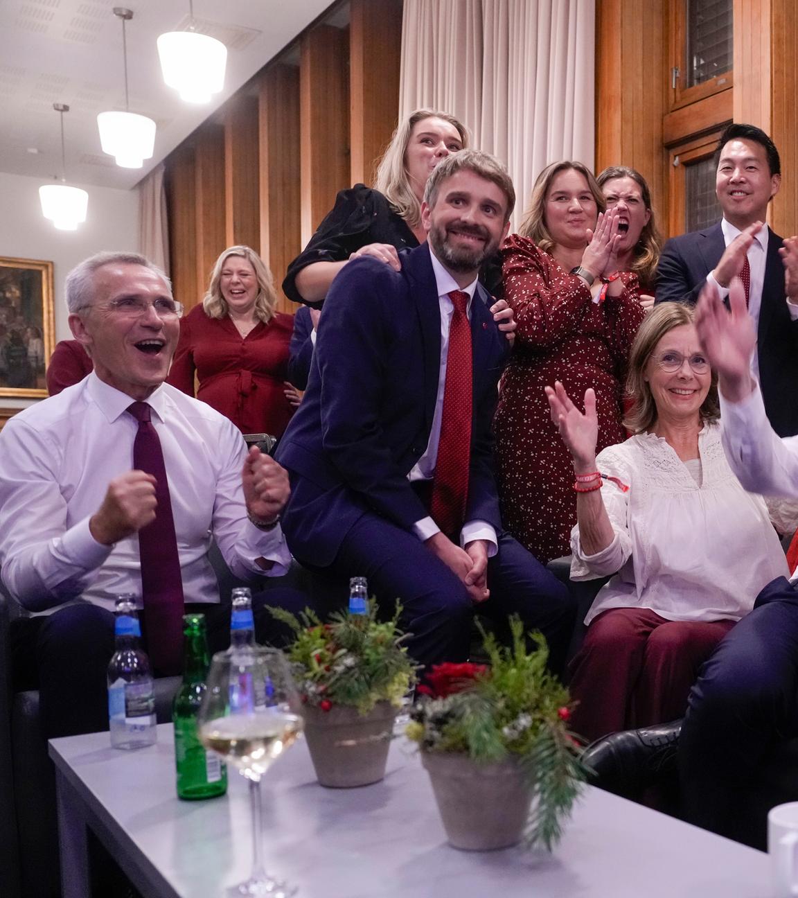 Die Wahlparty der sozialdemokratischen Arbeiterpartei im Volkshaus während der Parlamentswahlen in Norwegen 2025.