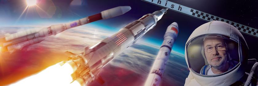 Grafik: Raketenrennen in All - Harald Lesch in Raumanzug.
