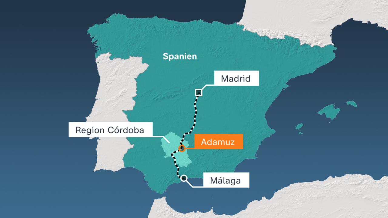 Die Karte zeigt die Strecke zwischen Madrid und Malaga, auf der das Unglück geschehen ist