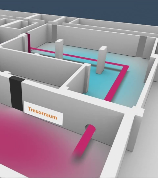 Grafikvideo, das den Weg der Bankräuber rekonstruiert.