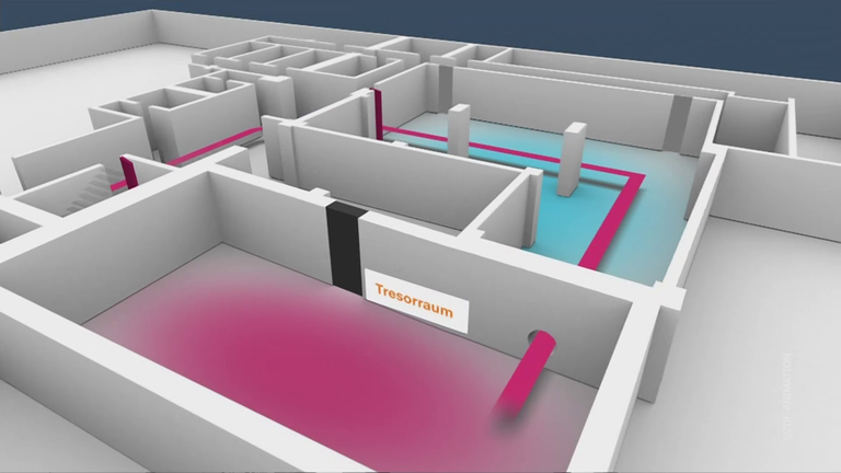 Grafikvideo, das den Weg der Bankräuber rekonstruiert.