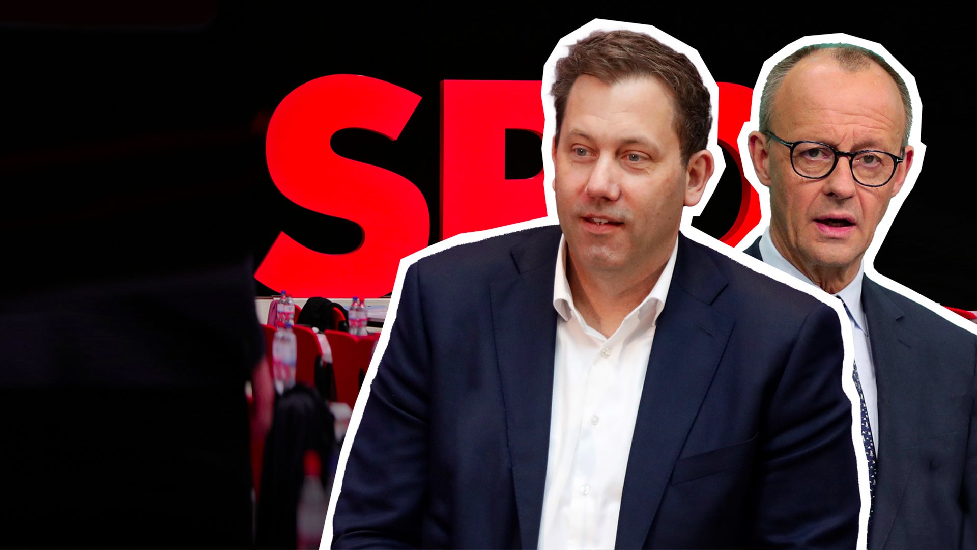Das SPD-Logo mit Lars Klingbeil und Friedrich Merz im Vordergrund