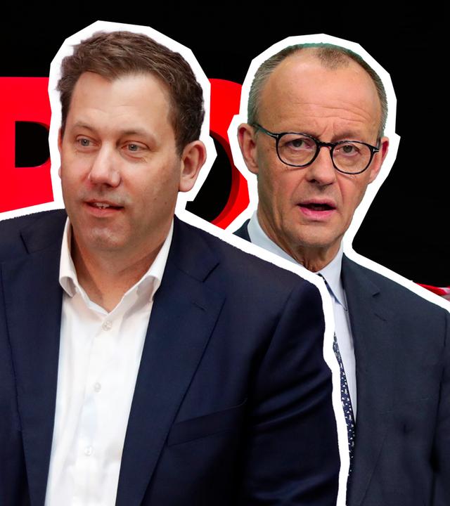 Das SPD-Logo mit Lars Klingbeil und Friedrich Merz im Vordergrund
