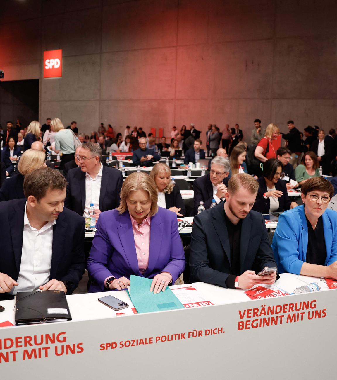 Chairman of the Germany's Social Democratic Party (SPD) and Vice-Chancellor Lars Klingbeil, the designated SPD co-leader, German Minister for Labour and Social Affairs Baerbel Bas designated Secretary General of Germany's Social Democratic Party (SPD) Tim Kluessendorf and outgoing SPD co-leader Saskia Eskens sit at the begining of the German Social Democratic Party (SPD) Party Congress at the City Cube in Berlin.