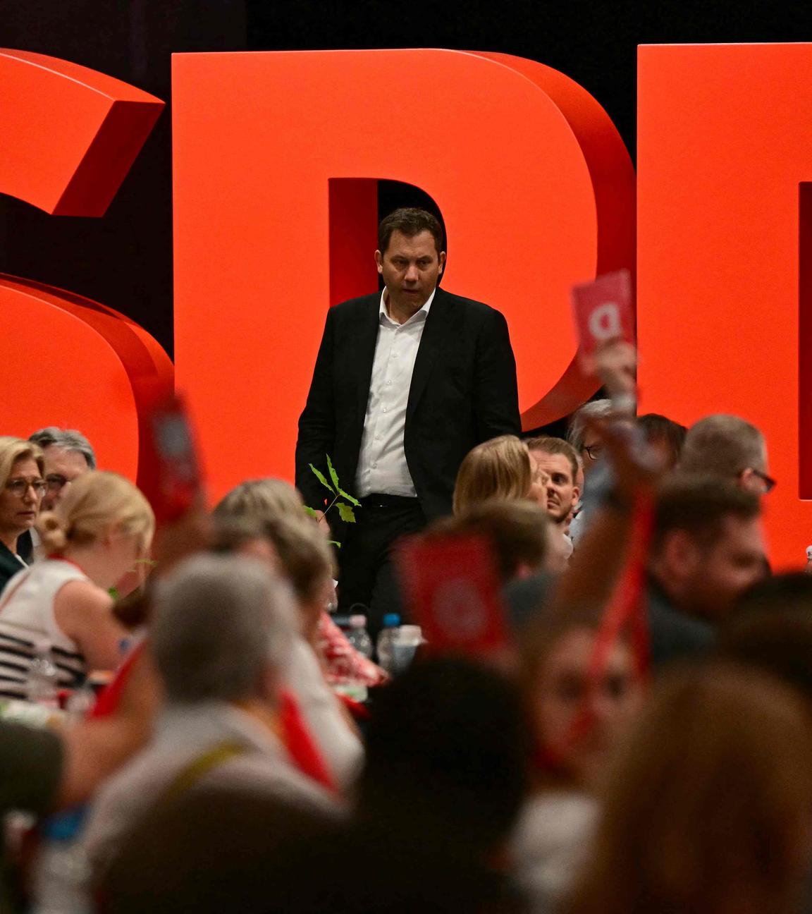 The co-leader of Germany's Social Democratic Party (SPD) Lars Klingbeil is seen in front of his party's logo during the SPD's party congress in Berlin.