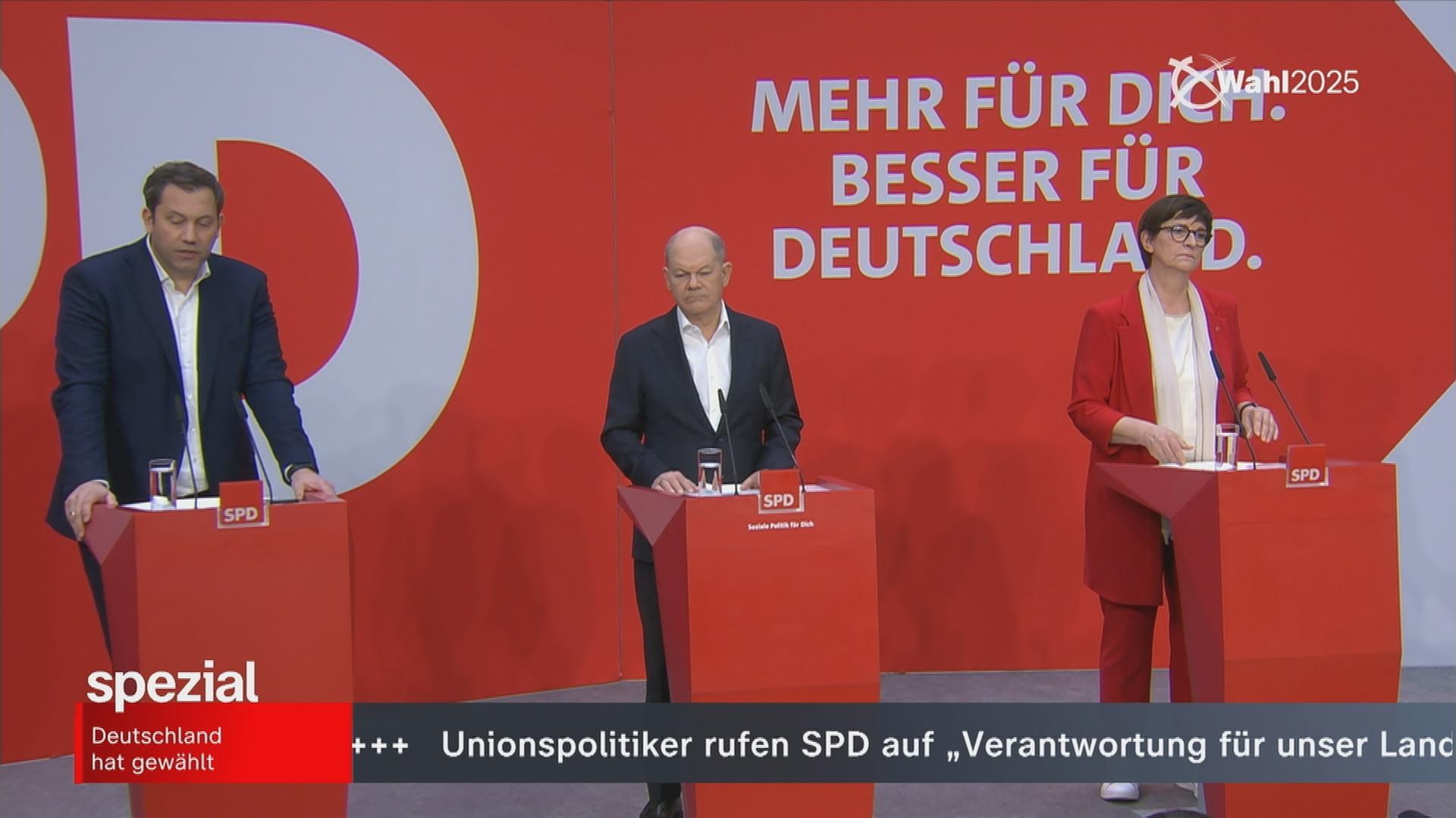 Die SPD-Vorsitzenden Klingbeil und Esken mit Bundeskanzler Scholz zum Ergebnis der Bundestagswahl