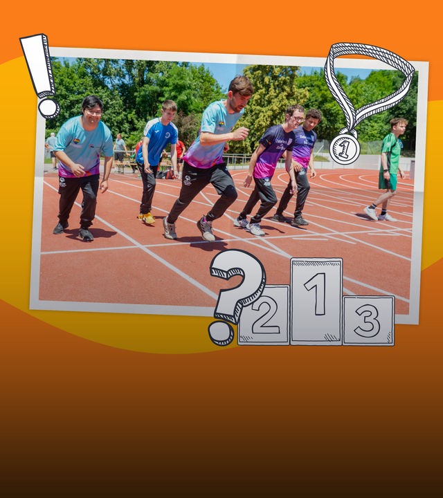 Foto von Leichtathleten beim Start, daneben ein gezeichnetes Siegertreppchen und eine Medaille