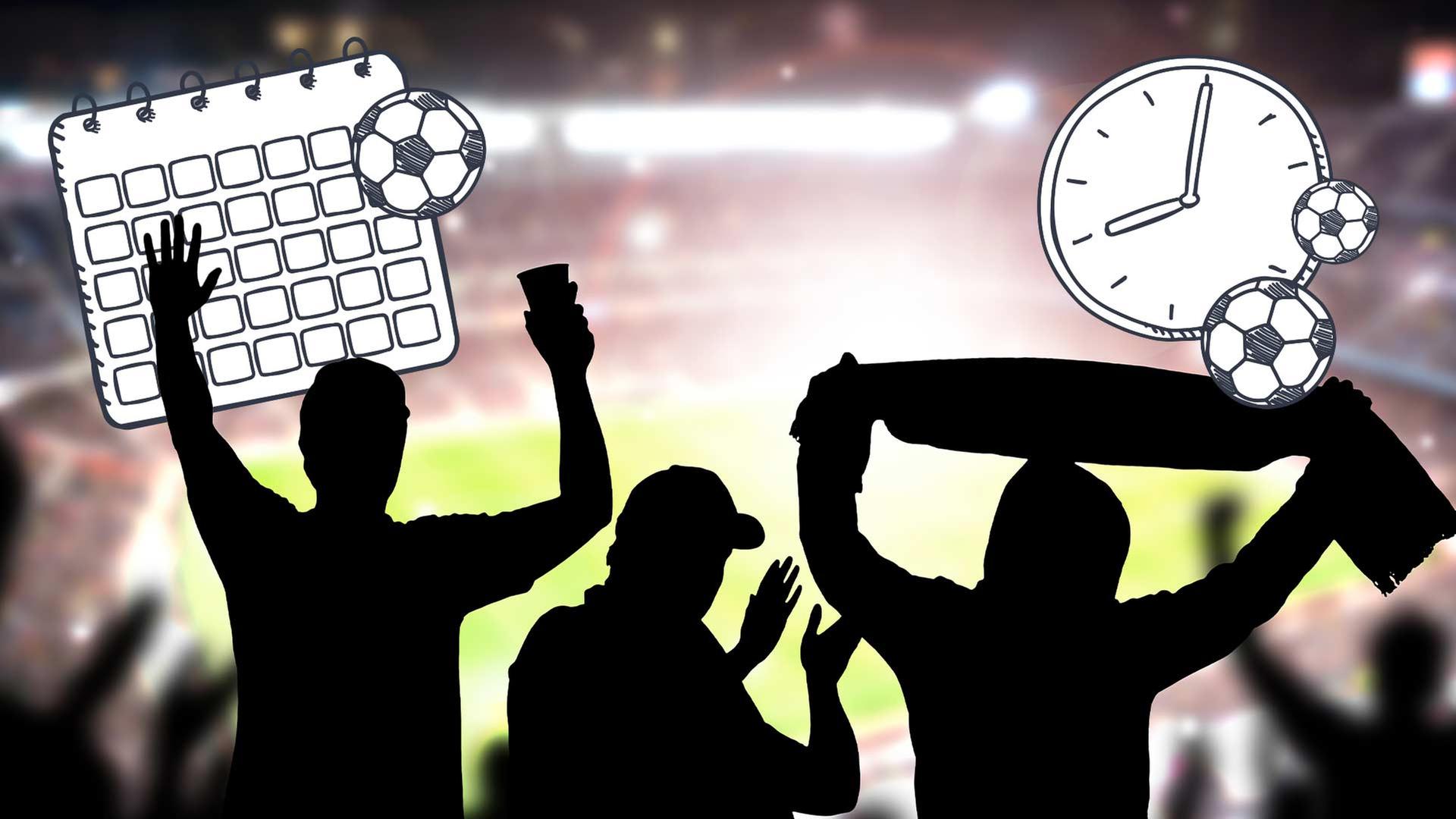 Jubelnde Fans als Silhouette in einem Fußballstadion, daneben ein Kalender, eine Uhr und drei Fußbälle