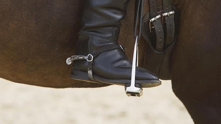 Sporn an einem Reiststiefel und Steigbügel