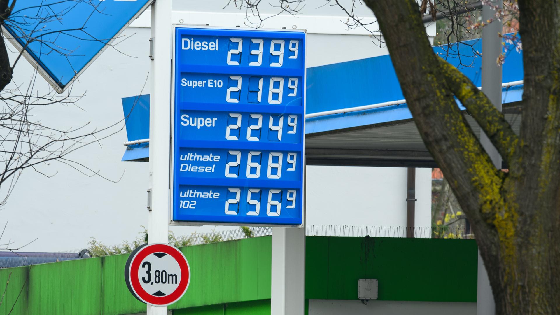 Hamburg: Die gestiegenen Spritpreise sind auf der Anzeigetafel einer Tankstelle zu sehen.
