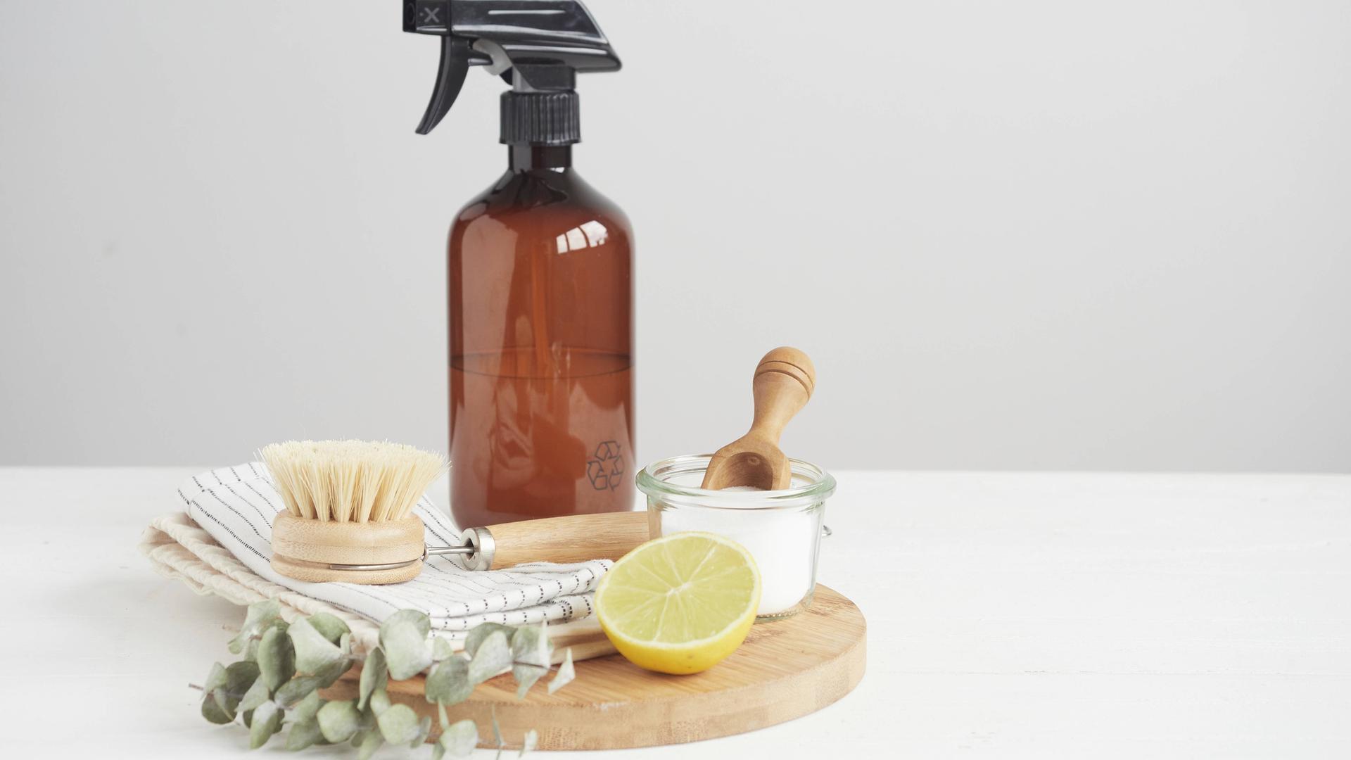 Eine Sprühflasche - davor eine Bürste, Zitrone und Pulver in einem Glasschälchen