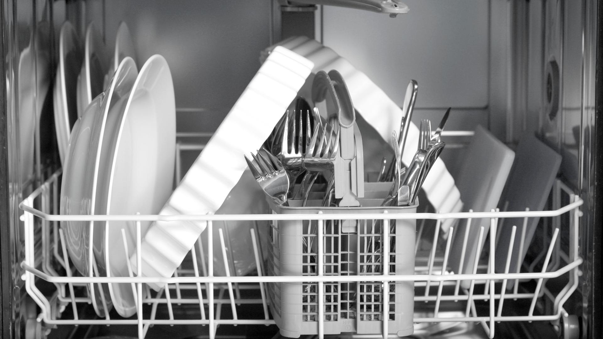 Sauberes Besteck und Teller sind in eine geöffnete Spülmaschine eingeräumt.