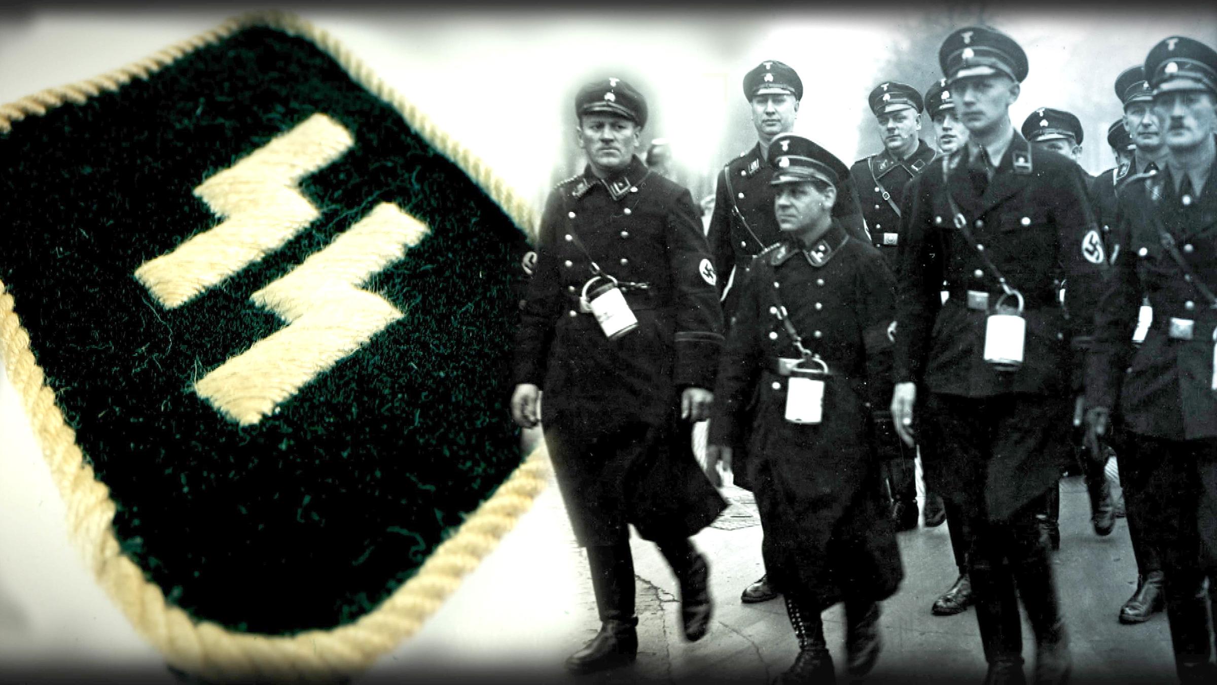 Fotocollage. Rechts mehrere SS-Soldaten, links ein Kragenspiegel einer SS-Uniform.