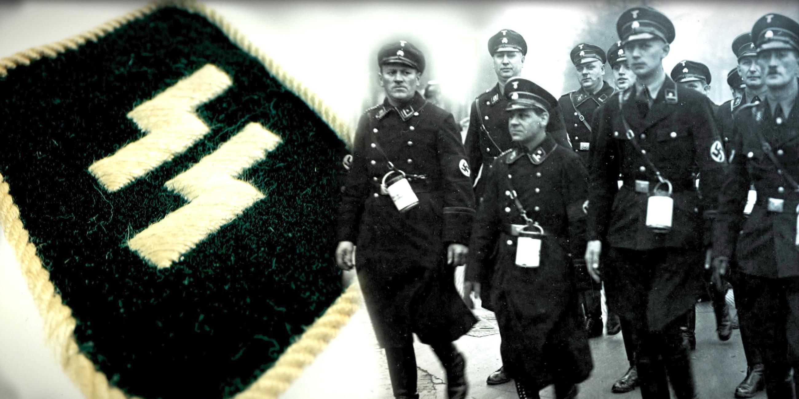 Fotocollage. Rechts mehrere SS-Soldaten, links ein Kragenspiegel einer SS-Uniform.