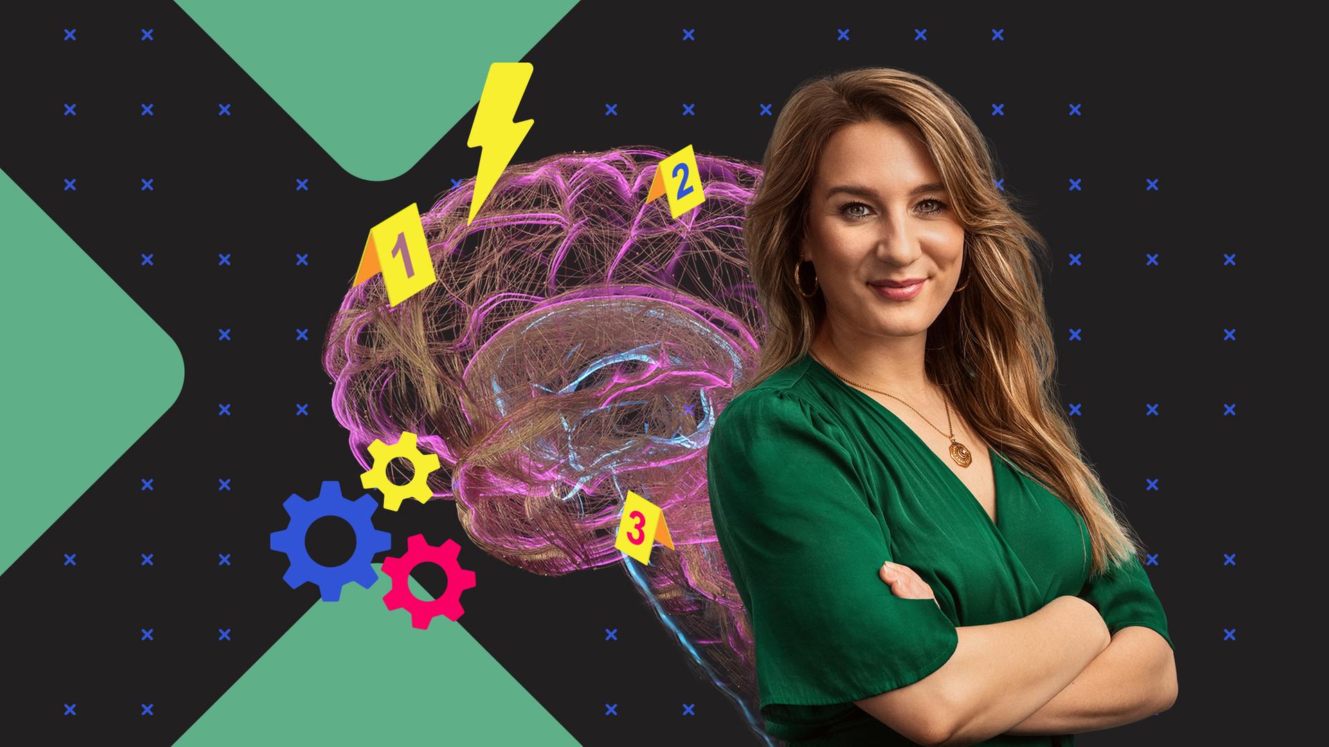 Biologin Jasmina Neudecker lächelt, neben ihr ist grafisch ein Gehirn mit Blitzen, Zahnrädern und Zahlen abgebildet.