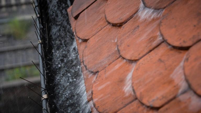 Regen läuft von den Dachziegeln in die Regenrinne