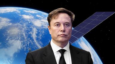 Ein Ausschnitt von Elon Musk vor einem Bild eines Starlinksatelliten, der die Welt umkreist. Im Hintergrund die Welt.