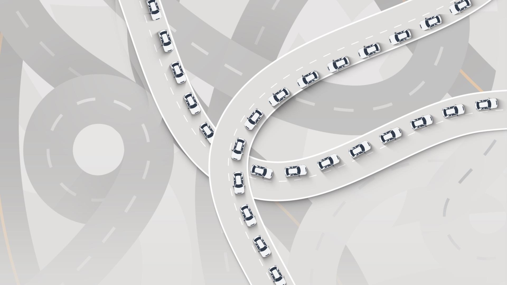 Auf der Illustration ist ein fiktives Autobahnnetz zu sehen. Auf vielen Bahnen stehen Autos dicht aneinander, sie stehen im Stau.