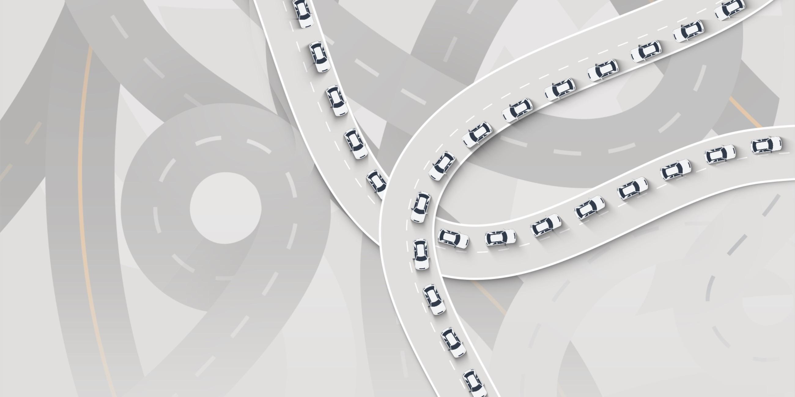 Auf der Illustration ist ein fiktives Autobahnnetz zu sehen. Auf vielen Bahnen stehen Autos dicht aneinander, sie stehen im Stau.