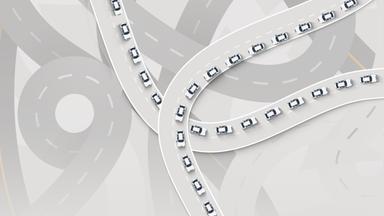 Auf der Illustration ist ein fiktives Autobahnnetz zu sehen. Auf vielen Bahnen stehen Autos dicht aneinander, sie stehen im Stau.