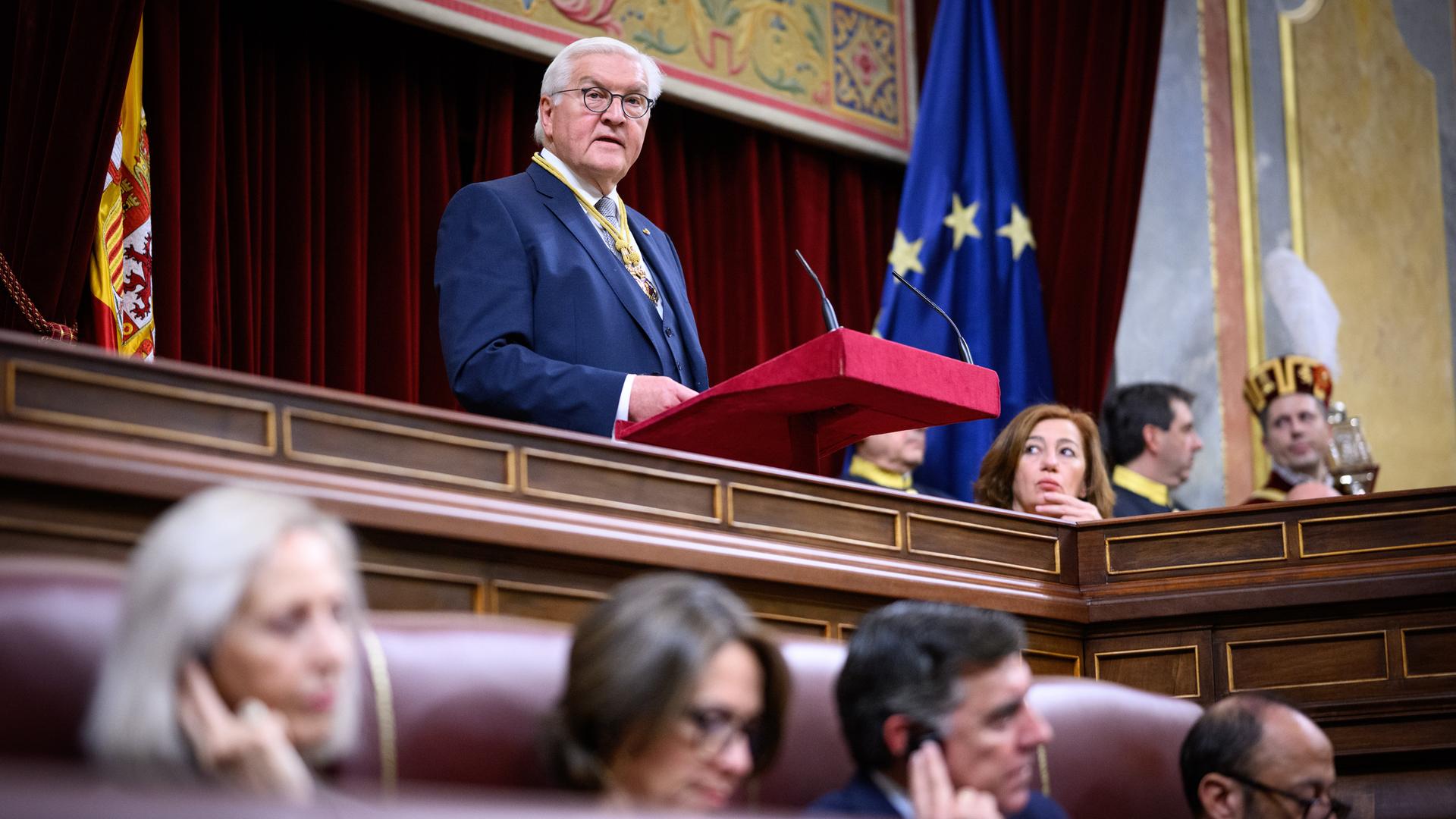 Bundespräsident Frank-Walter Steinmeier spricht bei einer gemeinsamen Sitzung des spanischen Abgeordnetenhauses und des Senats in Madrid.