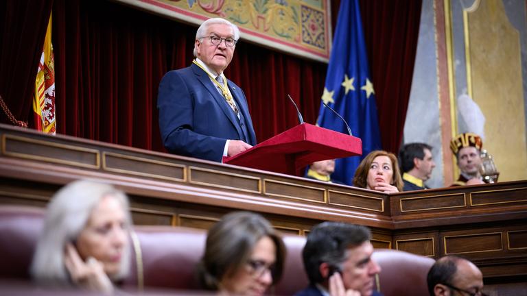 Bundespräsident Frank-Walter Steinmeier spricht bei einer gemeinsamen Sitzung des spanischen Abgeordnetenhauses und des Senats in Madrid.