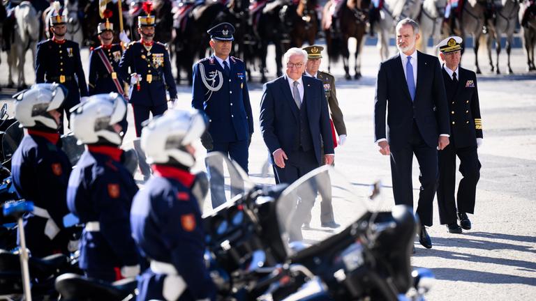 Bundespräsident Frank-Walter Steinmeier (M) wird von König Felipe VI. von Spanien mit militärischen Ehren am Königspalast (Palacio Real) begrüßt. 