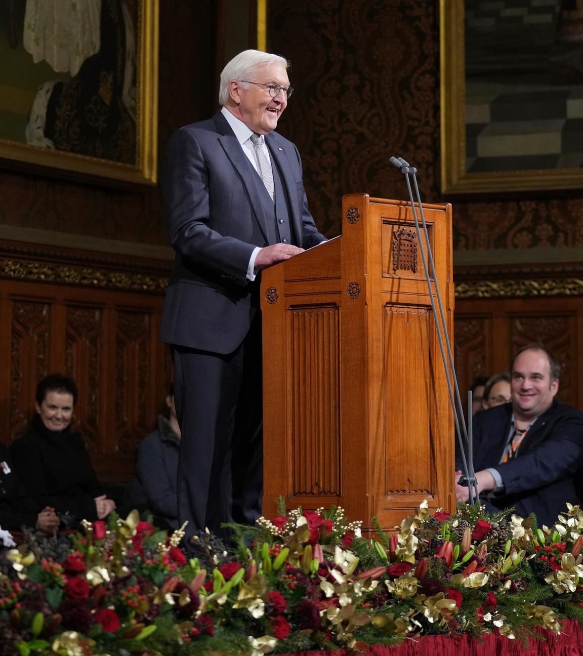 German President Frank-Walter Steinmeier speaks to a joint session of Members of Parliament, in the Royal Gallery
