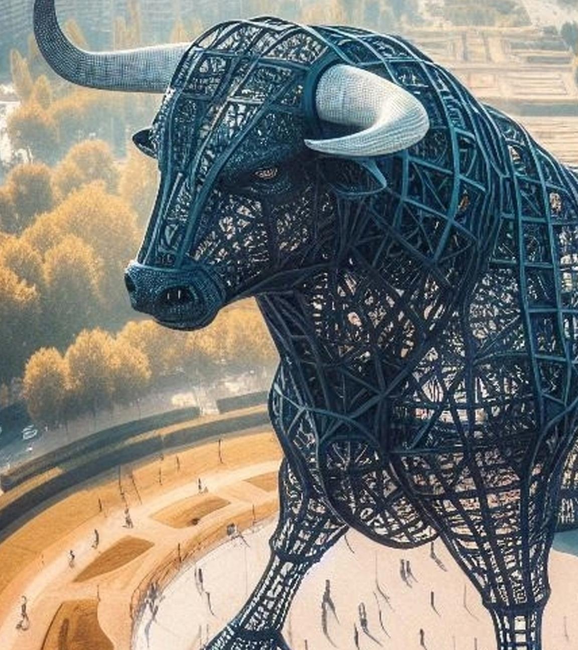 Die von der Academia de Tauromaquia (Spanische Akademie für Stierkampf) zur Verfügung gestellte undatierte Visualisierung zeigt eine geplante Stierskulptur aus Metall mit einer Höhe von 300 Meter am 31.07.2025.